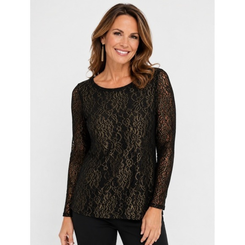 Chico's Foil Lace Blouse Womens 1 Black Gold Metallic Shimmer Party Long Sleeve